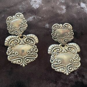 Vintage Antique-Style Silver Tone Filigree Drop Clip-On Door Knocker Earrings